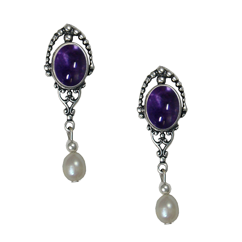 Sterling Silver Cultured Freshwater Pearl Drop Dangle Earrings With Iolite